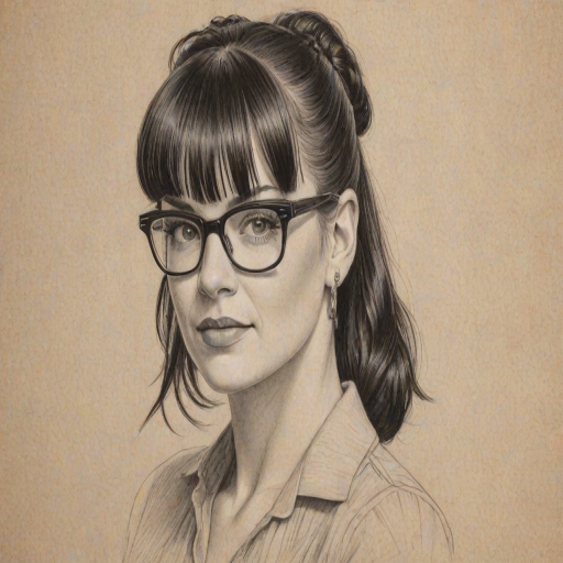 Splendid Pauley Perrette, pencil sketch, portrait of Stunning woman 1934s in glasses, hair style beatnik, outline, clear lines, fine lines, 8k