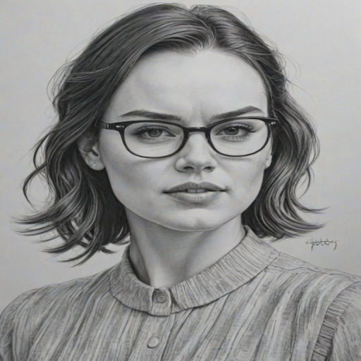 Resplendent Daisy Ridley, pencil sketch, portrait of Comely woman 1959s in glasses, hair style beatnik, outline, clear lines, fine lines, 8k