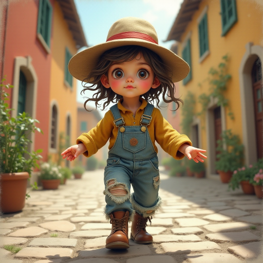 Whimsical little 3-year-old girl wearing scruffy tomboy clothes, boots, messy hair heavily blushed cheeks, pink lips, closely dancing in the street of an Italian village,Textured painterly fantasy artistic mixed media