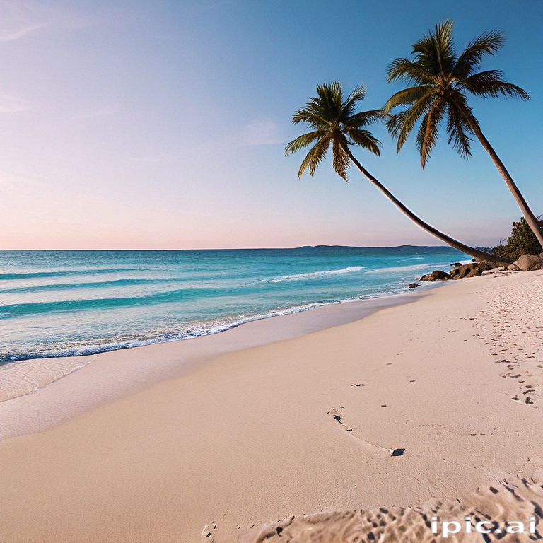 Serene Tropical Beach at Sunset with Palm Trees and Gentle Waves