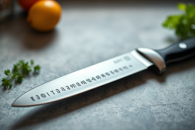 A high-resolution image of a chef's knife with a black handle, shot in soft natural light from a slight overhead angle using a Canon EOS R5, 50mm lens, f/2.8 aperture, ISO 100, ensuring sharp details and a soft background blur.