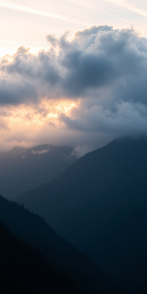 Mountain landscape shrouded in mist with sunlight breaking through clouds, captured at sunrise, 70mm lens, f/4 aperture, ISO 100, shallow depth of field, DSLR camera, landscape orientation.