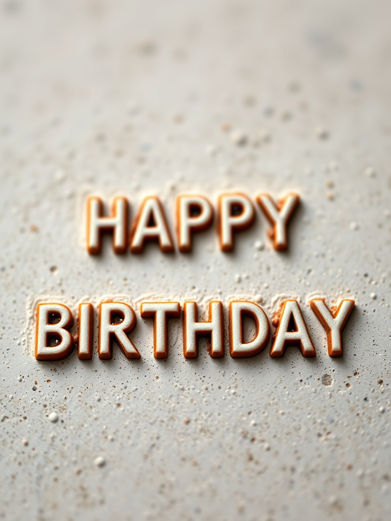 Create an image of the text "HAPPY BIRTHDAY" in an embossed style on a textured background, using a shallow depth of field with a DSLR camera set to f/2.8, ISO 100, 50mm lens, natural light, and a slight bokeh effect to enhance the focus on the text.