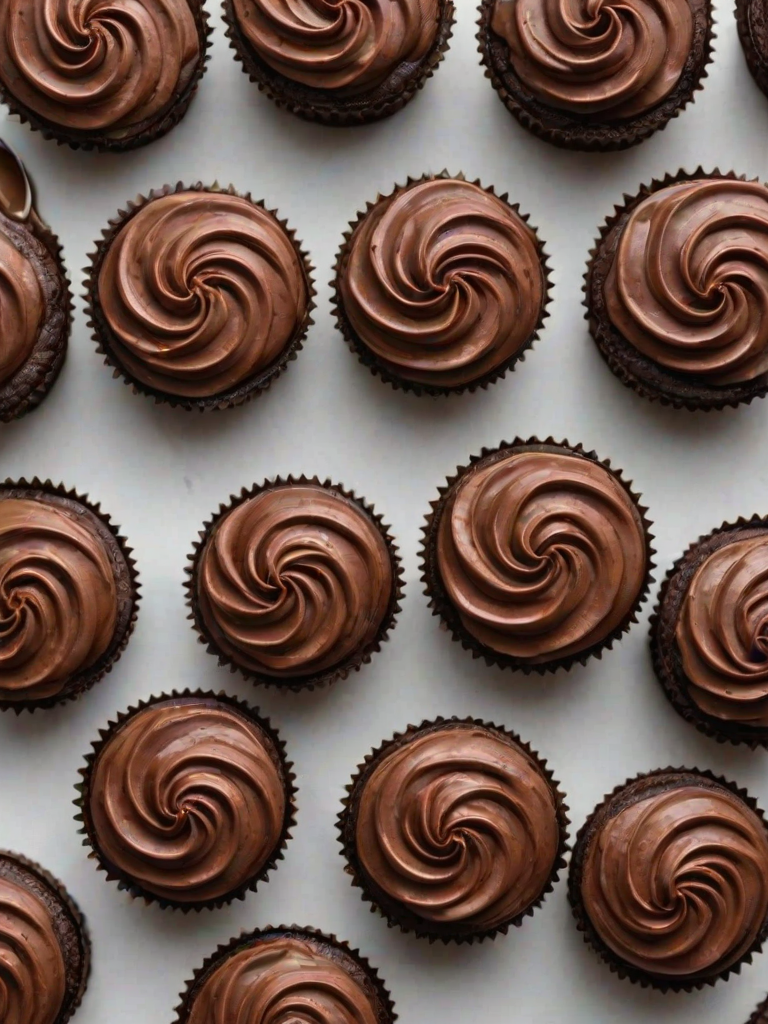 Generate an image of a close-up view of small chocolate cakes arranged on a light surface. Each cake should have a rich chocolate frosting on top, styled in a decorative swirl. The background should be softly blurred to emphasize the cakes.