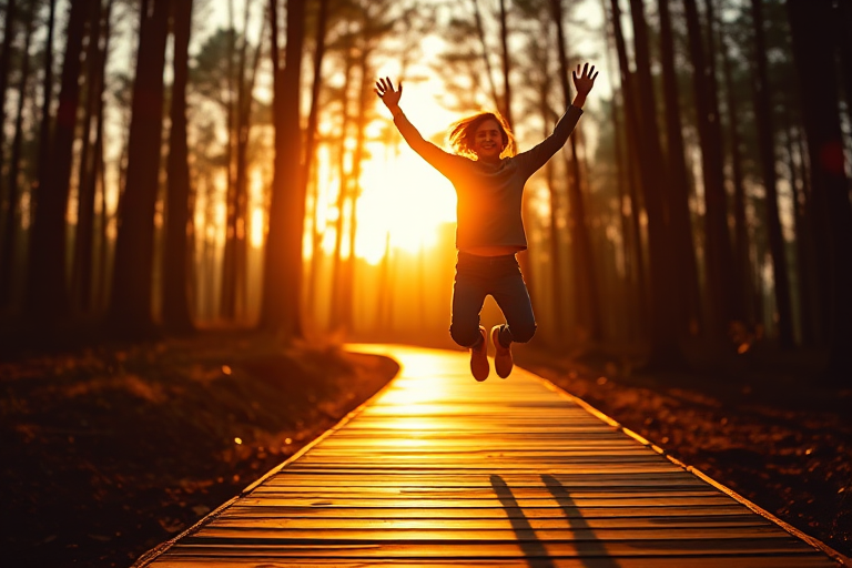 Capture a joyful silhouette of a person jumping on a wooden path in a sunlit forest during golden hour, with soft bokeh in the background, using a full-frame DSLR at f/2.8, ISO 100, 1/200s shutter speed, shot from a low angle to emphasize the subject against the rising sun.