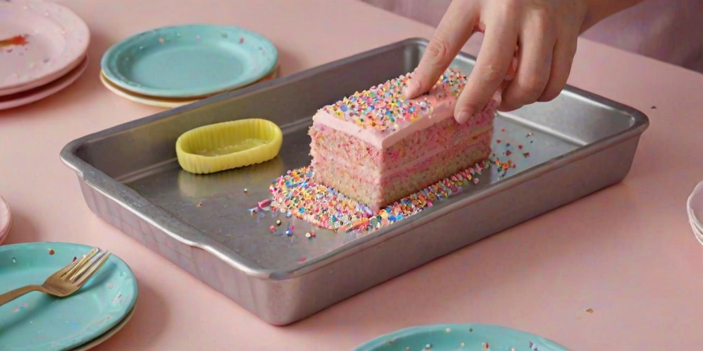 Create an image of a rectangular cake with a smooth pink frosting on top, decorated with colorful sprinkles. A slice is cut out, showing the cake inside, and the cake is placed in a metal baking pan. Surround the cake with pastel-colored plates and utensils.