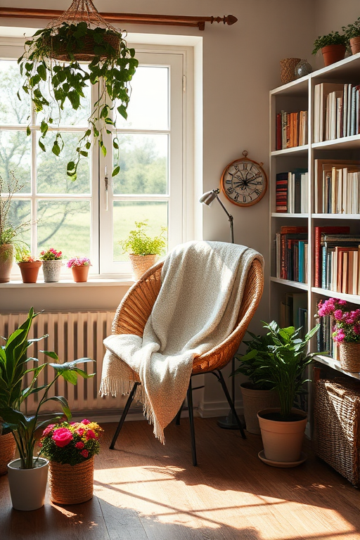 A cozy corner of a sunlit room with a rattan chair draped in a soft blanket, surrounded by potted flowers and bookshelves filled with vintage books, soft natural light filtering through the window, captured with a Canon EOS R5, 50mm lens, aperture f/1.8, ISO 100, focusing on depth of field for a warm and inviting atmosphere.