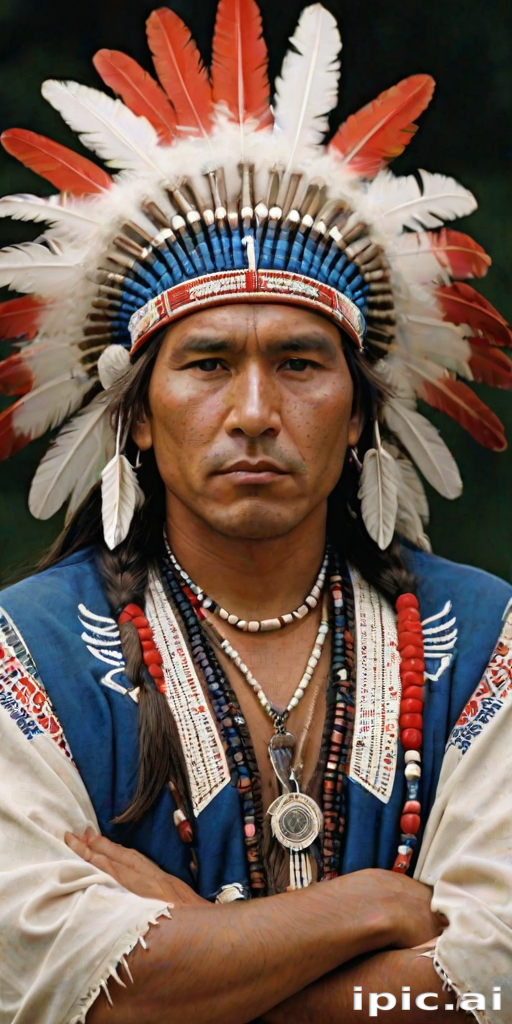 Create a dignified portrait of a Native American man dressed in traditional attire. He wears a beautifully crafted headdress adorned with white feathers and red beads, along with a beaded headband featuring intricate patterns. His clothing includes a deep blue, patterned shirt and a traditional chest piece with detailed beadwork. His arms are crossed, displaying leather armbands decorated with feathers. The background is simple and neutral, emphasizing his proud and stoic expression. The overall image captures the rich cultural heritage and strength of his persona.