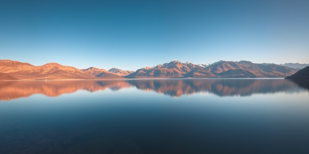 Generate an image of a serene landscape featuring a calm lake reflecting mountains under a clear blue sky, taken with a DSLR camera at f/8, ISO 100, 1/250s shutter speed, in wide-angle view, using a high dynamic range style for enhanced detail and vibrancy.