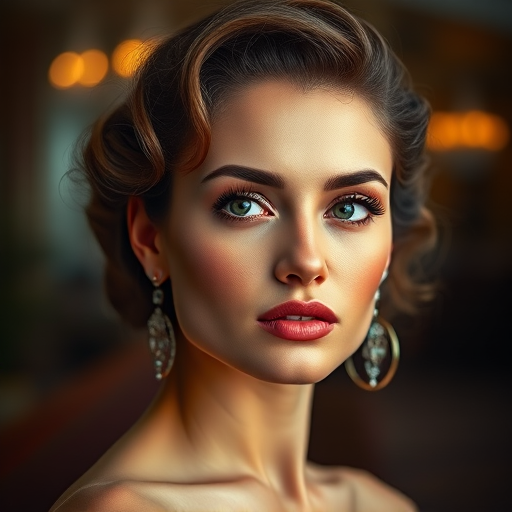 Create a high-resolution illustration of a glamorous woman with elegant features and vintage hairstyle, captured in a close-up portrait style with soft lighting and a blurred background, utilizing a Canon EOS R5 with a 50mm f/1.2 lens at ISO 100, aperture f/1.2, and shutter speed of 1/200 sec.