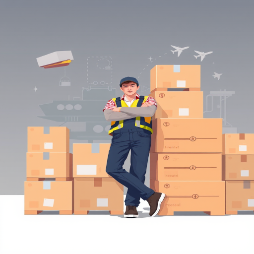 Create an illustration of a warehouse worker leaning against three stacked boxes, with graphics depicting transportation modes like a truck, ship, and airplane in the background, using a Canon EOS R5 camera, 50mm lens, f/1.8 aperture, ISO 100, and soft lighting for a clean, modern look.