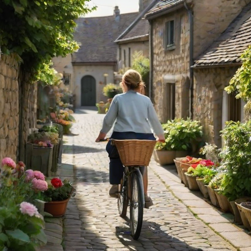 Quiet countryside village, with cobblestone streets and stone cottages, a woman rides a bicycle down a narrow lane, her basket filled with fresh bread and flowers from the local market.