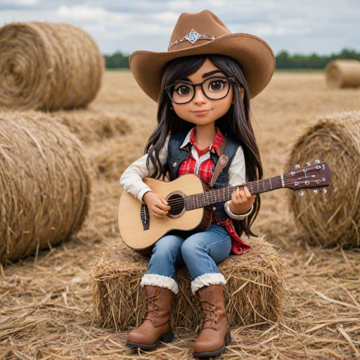 A chibi mia khalifa, dressed as a cowboy, playing guitar, sitting on a hay bale