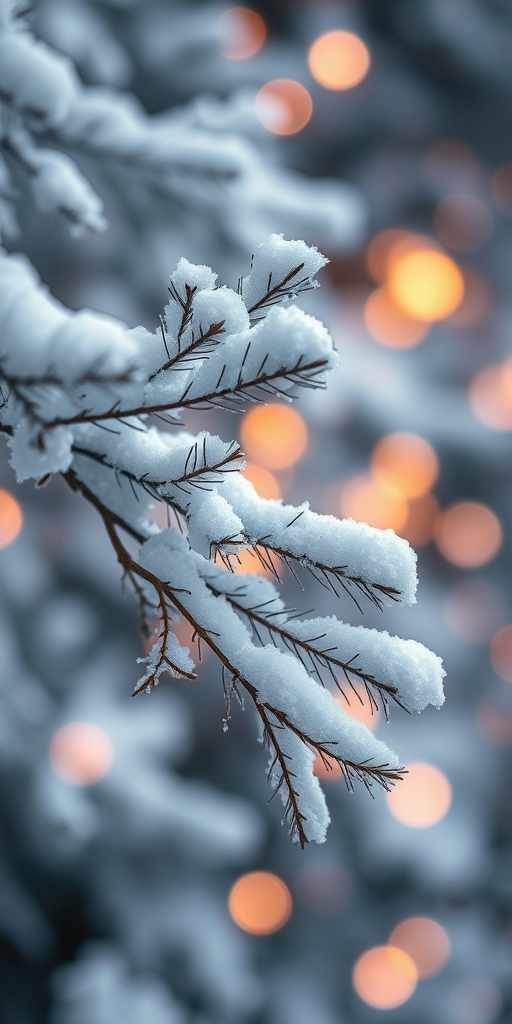 Create an image of a snowy tree branch with soft white snow covering the needles and blurred warm golden lights in the background creating a cozy winter atmosphere