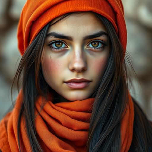 Create a portrait of a young Druze female with long, dark hair and captivating hazel eyes. She is wearing a orange headscarf and a matching scarf draped gracefully around her neck. The background is softly blurred, focusing attention on her serene and natural expression. The overall color palette is muted and warm, enhancing the intimate and authentic feel of the portrait.
