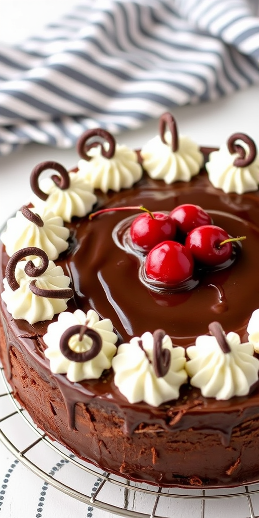 A beautifully decorated chocolate cake with a rich chocolate and cherry topping surrounded by whipped cream and chocolate curls on a wire rack with a striped cloth in the background.