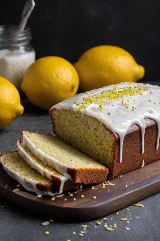 Create a vibrant and inviting image of a freshly baked lemon poppy seed loaf cake. The cake should be topped with a glossy lemon glaze and adorned with thin slices of lemon and a sprinkle of poppy seeds. Display the loaf on a dark, textured surface, with a few lemon wedges and zest scattered around for added color and detail. The overall atmosphere should be warm and appetizing, evoking a sense of homemade goodness.