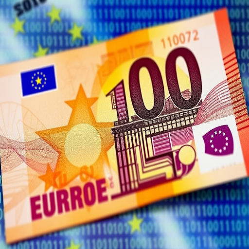 Create an abstract digital artwork featuring a 100 euro banknote overlaid with a binary code pattern and European Union stars, shot with a Canon EOS 5D Mark IV, ISO 100, f/8, 24mm, in a vibrant color style.