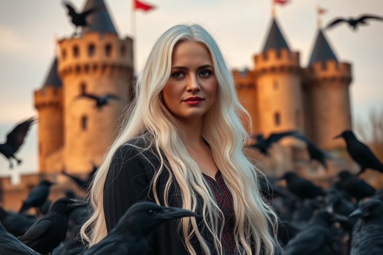 Create a portrait of a woman with long white hair standing in front of a medieval castle surrounded by crows, using a Canon EOS R5 with an 85mm f/1.2 lens, shot at ISO 100, aperture f/1.2, and a shutter speed of 1/200s in golden hour lighting to enhance the vibrant colors and sharp details.