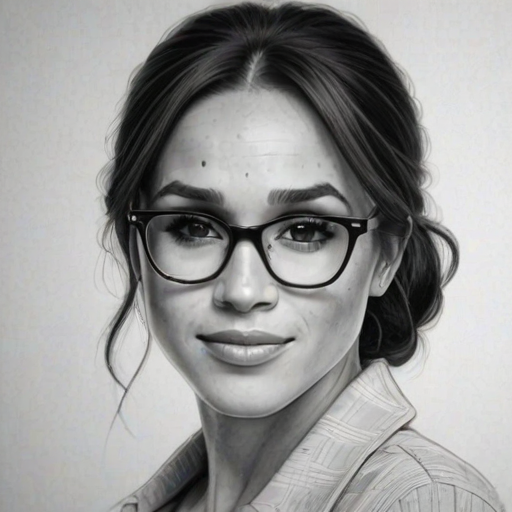 Graceful Meghan Markle, pencil sketch, portrait of Splendid woman 1962s in glasses, hair style beatnik, outline, clear lines, fine lines, 8k