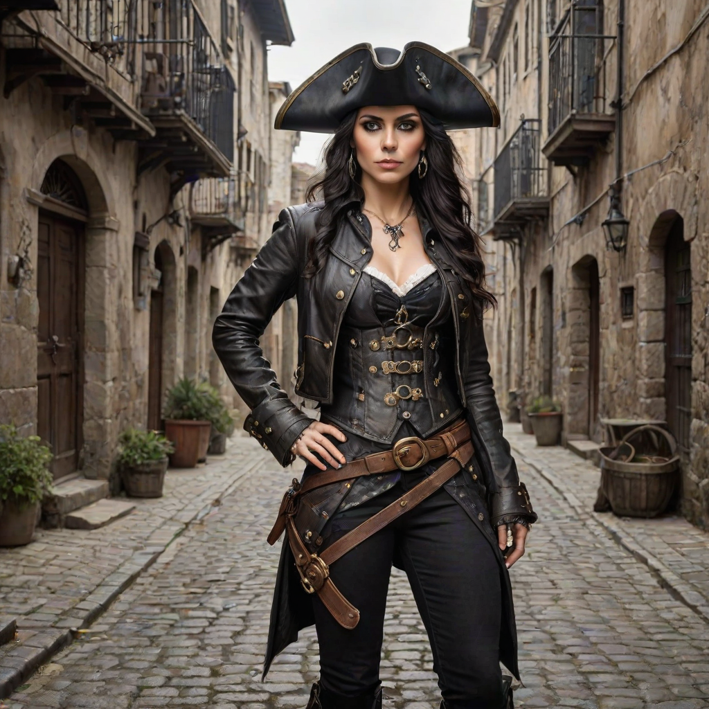 Create a portrait of a fierce female pirate. She wears a leather tricorn hat adorned with a skull and crossbones emblem, and her long, dark hair flows around her face. Her outfit consists of a richly detailed leather jacket, a corset, and multiple layers of belts and accessories, giving her a formidable and stylish appearance. She stands confidently in a dimly lit, historic port town, with a backdrop of weathered buildings and cobblestone streets, capturing the adventurous spirit of a pirate.