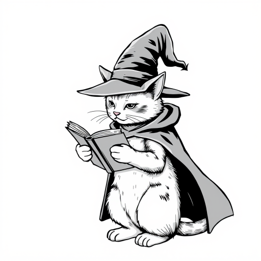 A grayscale illustration of a cat wearing a witch's hat and cloak. The cat is standing on its hind legs and is holding a spellbook in its paws and reading it intently. The hat is tall and pointed, with a wide brim and a pointed top. The cloak is draped over the cat's body, covering its body. The background is plain white, making the cat and the book the focal point of the image.