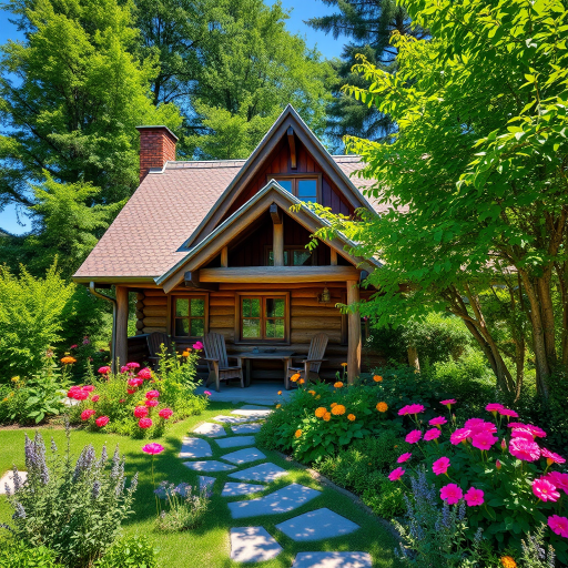 a cozy wooden cottage surrounded by lush greenery and vibrant flowers on a sunny day, captured with a Canon EOS R5, 24mm lens, f/2.8 aperture, ISO 100, with a slight HDR effect to enhance colors and details, wide-angle perspective to showcase the landscape and structure in a bright, vivid style
