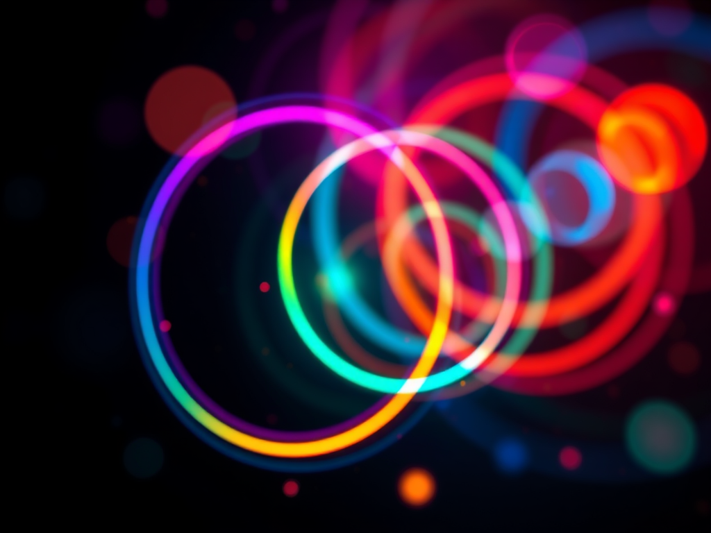 Create an abstract digital art image of swirling neon circles with vibrant colors and glowing particles in a dark background, shot with a DSLR camera at f/2.8 aperture, 50mm lens, ISO 100, in macro view, using a long exposure technique for enhanced light trails and clarity.