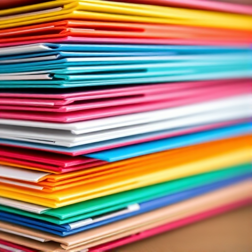 Close-up shot of colorful stacked folders with a shallow depth of field, 50mm lens, f/2.8 aperture, ISO 100, natural light, DSLR camera.