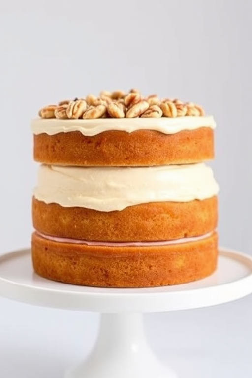 Three-layer cake with cream cheese frosting topped with chopped nuts on a white cake stand against a light background.