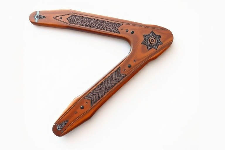 Create a highly detailed vector illustration of a boomerang, featuring intricate patterns and a polished wooden texture, captured with a Canon EOS 5D Mark IV, 50mm lens, f/1.8 aperture, ISO 100, soft natural lighting, and a clean white background to enhance color contrast and clarity.