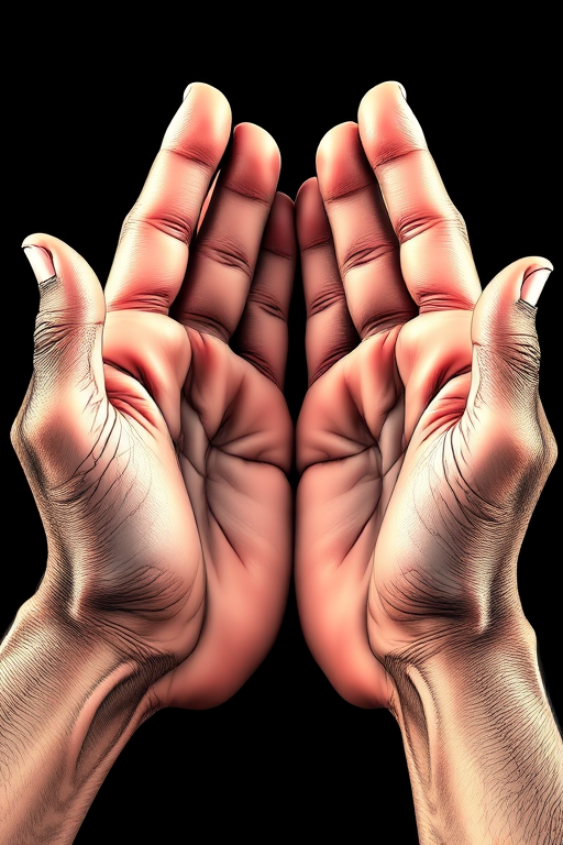 Create a highly detailed digital illustration of two open hands reaching out, emphasizing the lines and textures of the skin, using a high-resolution setting with a 50mm lens, f/1.8 aperture, ISO 100, taken from a close-up view, using a DSLR camera style.