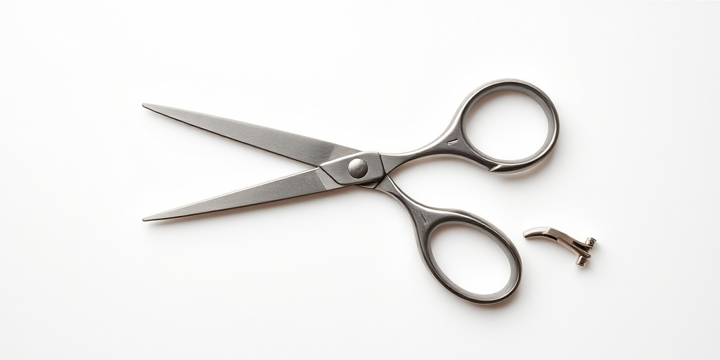 Create a high-resolution image of a pair of scissors, with a clean and modern design, using a DSLR camera at f/2.8 aperture, ISO 100, and a 50mm lens, top-down view, natural lighting, and a soft focus on the background to enhance details.