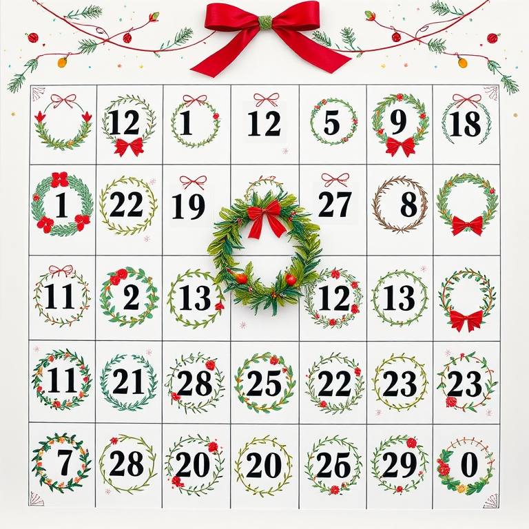 Create a high-resolution image of a printable advent calendar featuring 24 hand-drawn Christmas wreaths with a festive design and color palette, using a Canon EOS R5 with a 50mm f/1.2 lens, aperture set to f/2.8, ISO 100, in a top-down view to capture the intricate details and vibrant colors of the wreaths.