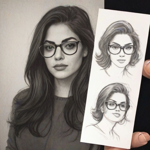 Pleasing Inbar Lavi, pencil sketch, portrait of Charming woman 1973s in glasses, hair style beatnik, outline, clear lines, fine lines, 8k