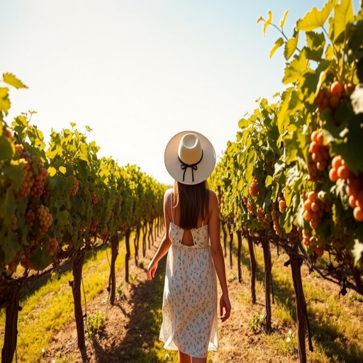 Sunny vineyard, rows of grapevines stretching out beneath a clear blue sky, a woman in a wide-brimmed hat walks between the rows, her hand gently brushing the ripe fruit.