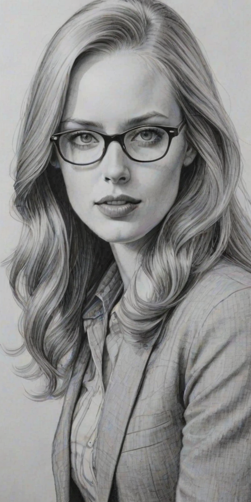 Ravishing Deborah Ann Woll, pencil sketch, portrait of Fascinating woman 1972s in glasses, hair style beatnik, outline, clear lines, fine lines, 8k