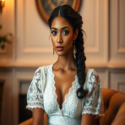 Create a portrait of a refined and elegant Cambodian woman seated in a sophisticated setting. She has long, wavy hair styled in two thick braids that are pulled over her shoulders. She wears a white, lace gown with intricate patterns, featuring a deep V-neckline and short sleeves. The dress exudes a vintage charm with its delicate lacework. She is adorned with ornate, dangling earrings that add a touch of glamour to her appearance. The background is softly lit, with warm, ambient lighting that creates a cozy and inviting atmosphere. Her expression is poised and serene, capturing a sense of grace and elegance.