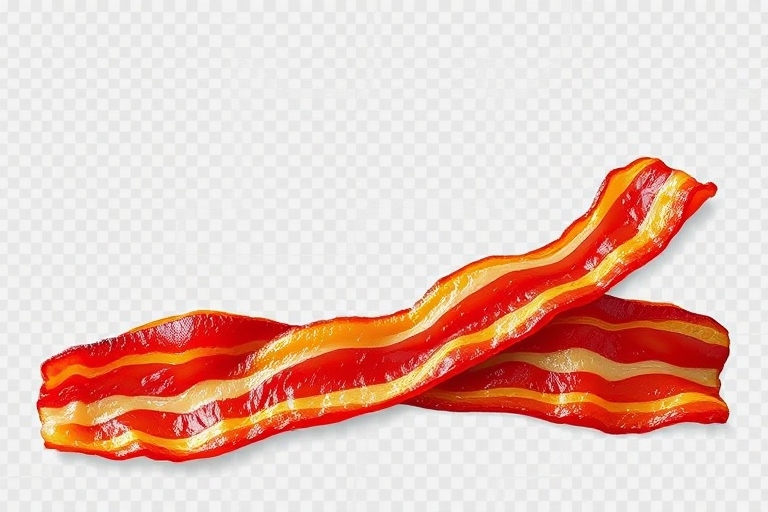Generate a high-resolution vector image of two crispy bacon strips on a transparent background, shot with a Canon EOS 5D Mark IV, 50mm lens, f/2.8 aperture, and ISO 100 for optimal clarity and detail.
