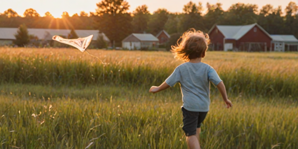 Blurry, candid photo of a child running through a field of tall grass, the wind blowing in their hair, sun setting behind them, golden light filtering through the grass, a kite soaring high in the sky above, a distant barn visible on the horizon.