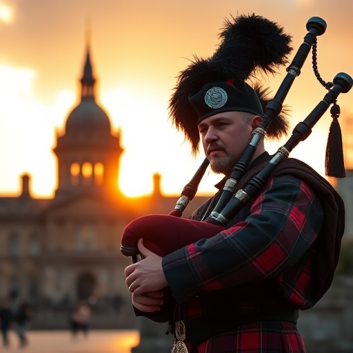 Regenerate the image of a piper in traditional attire playing bagpipes near a historical monument in Edinburgh during golden hour, captured with a Canon EOS R5, 50mm lens, aperture f/1.8, ISO 100, with a shallow depth of field to blur the background and enhance detail on the piper.