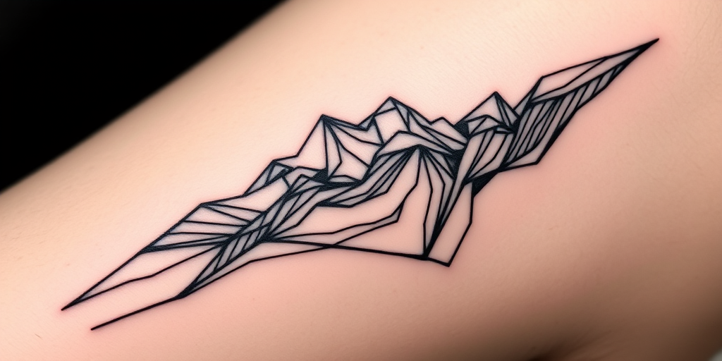 Minimalist blackwork tattoo called "Shadows and Lines" showcasing intricate linework and negative space, creating a striking contrast against the skin with bold black ink and precise geometric patterns, inspired by architectural blueprints and topographical maps