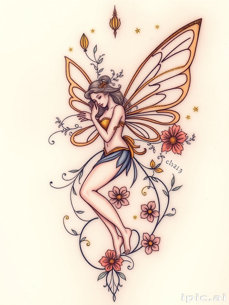 Art Nouveau-inspired fairy tattoo with flowing lines, organic shapes, and delicate wings, incorporating floral motifs and golden accents for a ethereal and elegant design