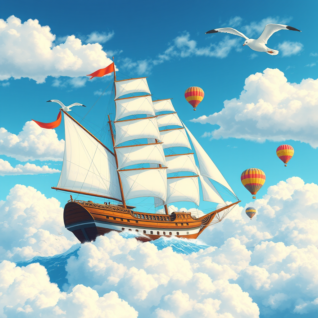 Create a vibrant illustration of a sailing ship with majestic white sails floating above fluffy clouds against a bright blue sky, capturing seagulls in flight and colorful hot air balloons, using a Canon EOS R5 with a 24-70mm lens at f/8, ISO 100, and a wide-angle view to enhance depth and detail.