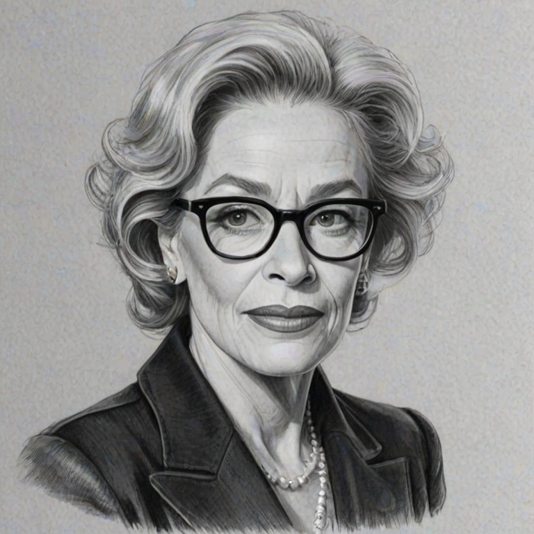 Splendid Holland Taylor, pencil sketch, portrait of Alluring woman 1948s in glasses, hair style beatnik, outline, clear lines, fine lines, 8k