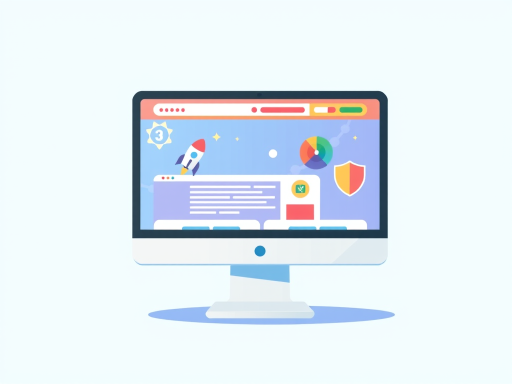 Create an illustration of a computer monitor displaying a vibrant website with icons representing a rocket, a number one badge, a color wheel, and a shield on a light blue background, captured using a Canon EOS 5D Mark IV, 50mm lens, f/2.8 aperture, ISO 100, with a sharp focus and bright colors.