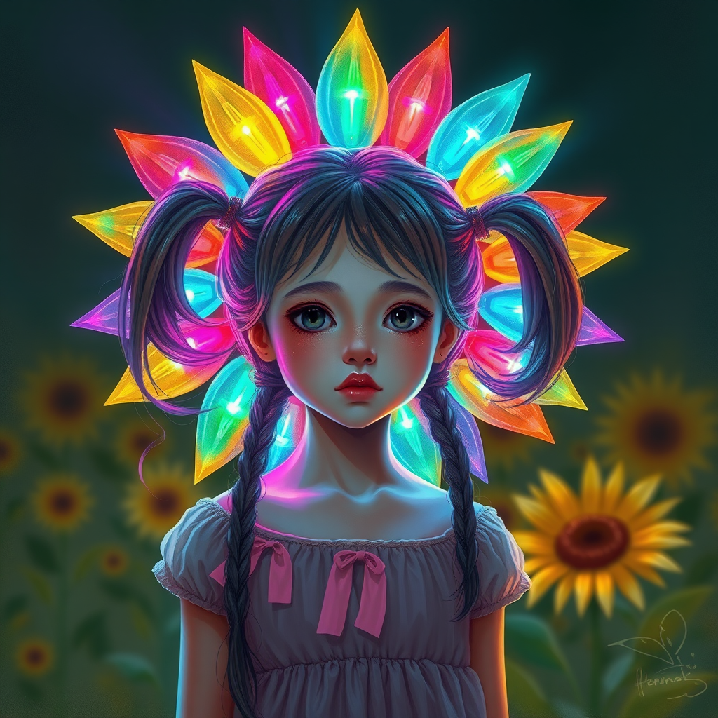 Superfine painterly A pretty girl with pigtails with a giant LED sunflower with multicolored petals that shimmer and shine