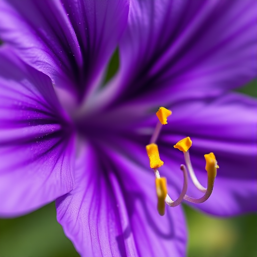 Close-up of a vibrant purple flower with detailed petals and contrasting yellow stamens, shot with a macro lens at f/2.8, 1/200s exposure, ISO 100, natural light, DSLR camera.