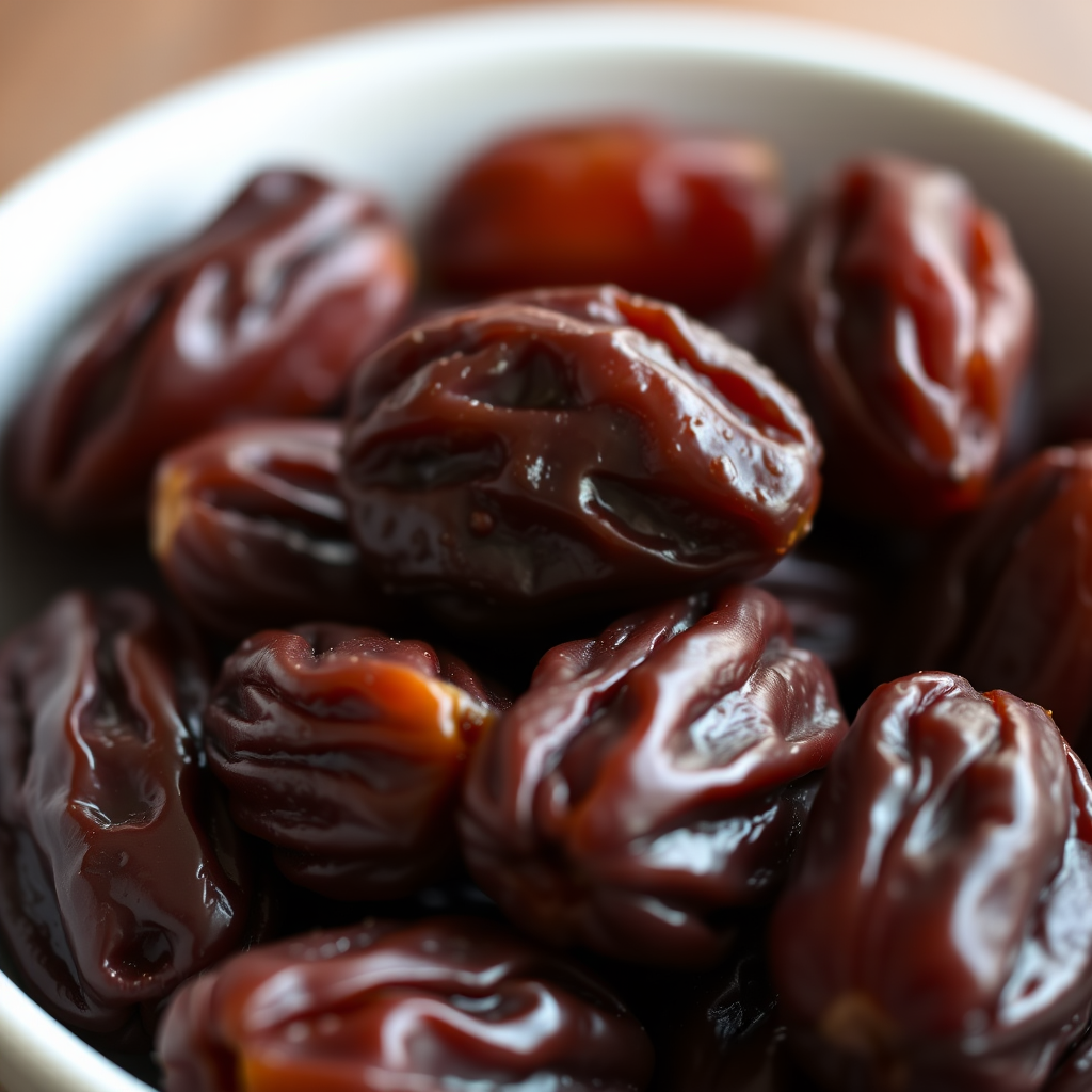 A close-up shot of a bowl of fresh dates, natural lighting, focus on texture and color contrast, 50mm lens, f/2.8 aperture, ISO 100, shallow depth of field, use a DSLR camera.