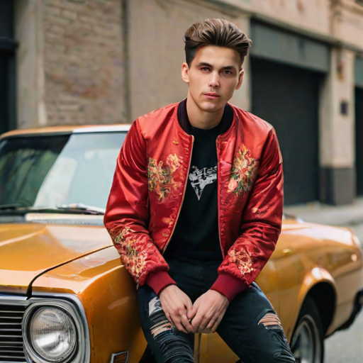 A stylish individual wearing a vibrant red bomber jacket with floral patterns, black graphic t-shirt, and unique distressed jeans, posing confidently on a gold vintage car in an urban setting.
